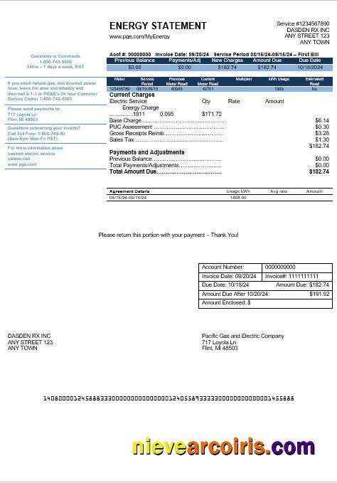 USA California PG&E (Pacific Gas and Electric Company) business utility bill, version 2